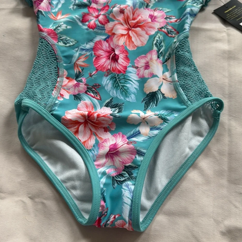 Kids Floral One-Piece Swimsuit with Mesh Sleeves size‎ 4/5